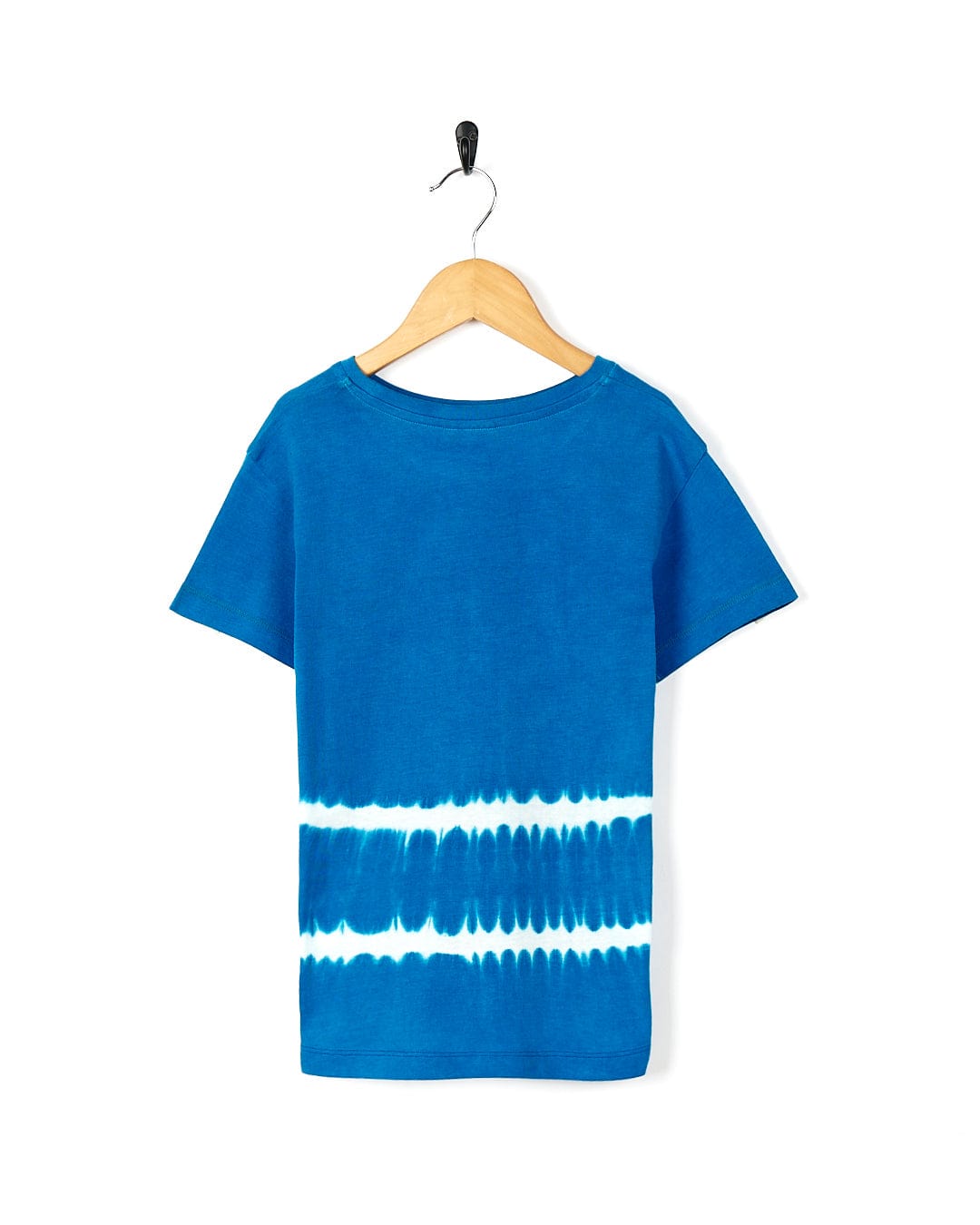A Saltrock - Hardskate - Kids Tie Dye Short Sleeve T-Shirt - Blue hanging on a wooden hanger.