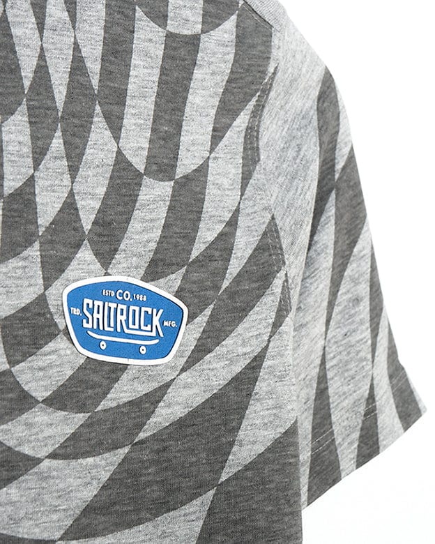 A stylish Hardskate Warp - Kids Short Sleeve T-Shirt - Grey featuring the Saltrock logo in a geometric all-over print on the back.