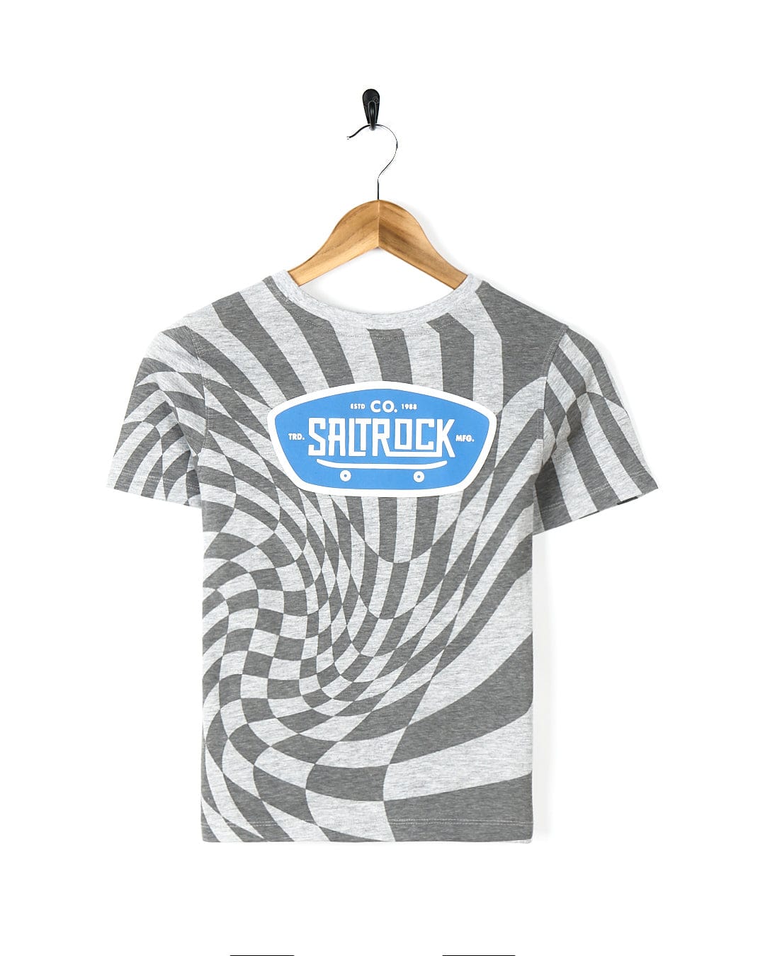 A geometric all-over print t-shirt with the Saltrock badge and the words shoprock on it.