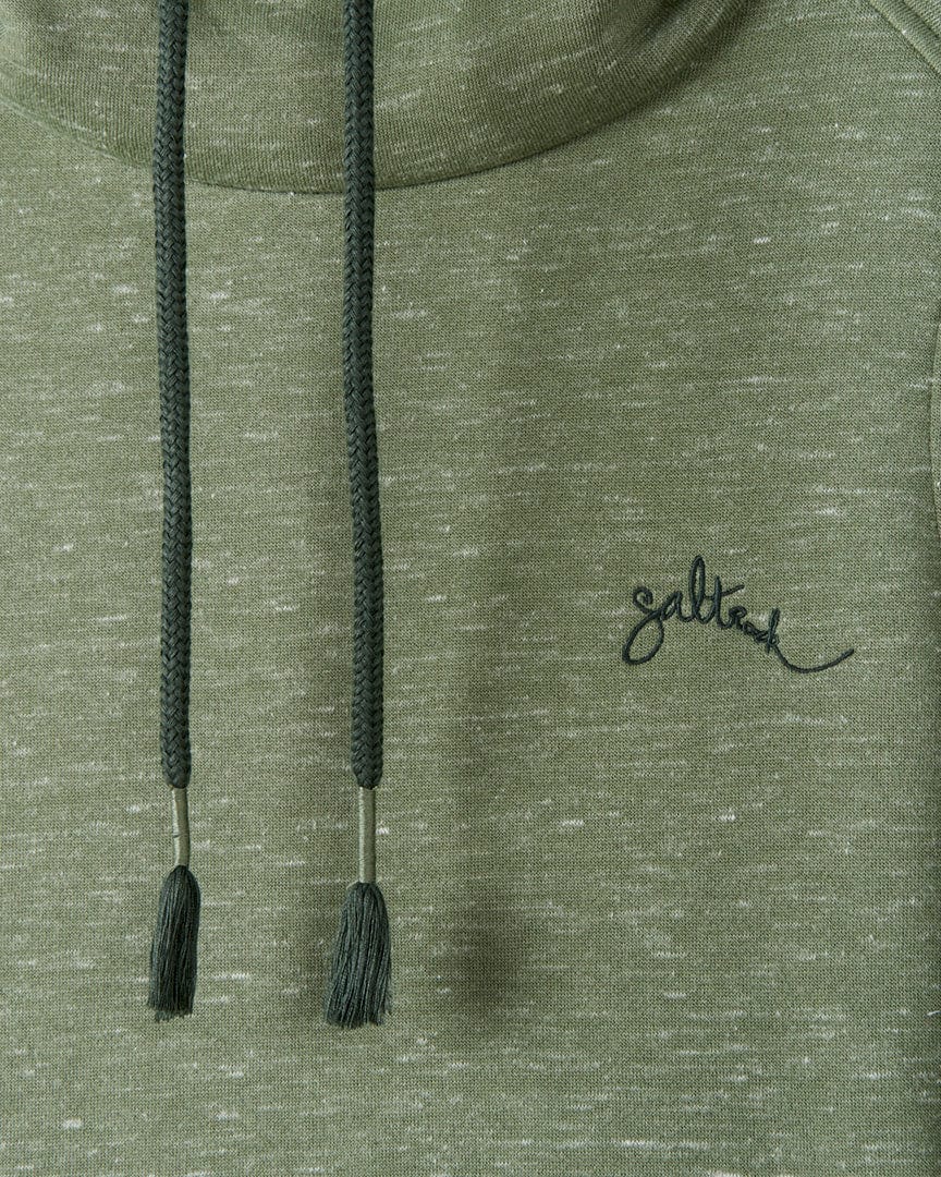 A close up of a Harper - Womens Longline Pop Sweat - Green shirt featuring Saltrock embroidered branding.