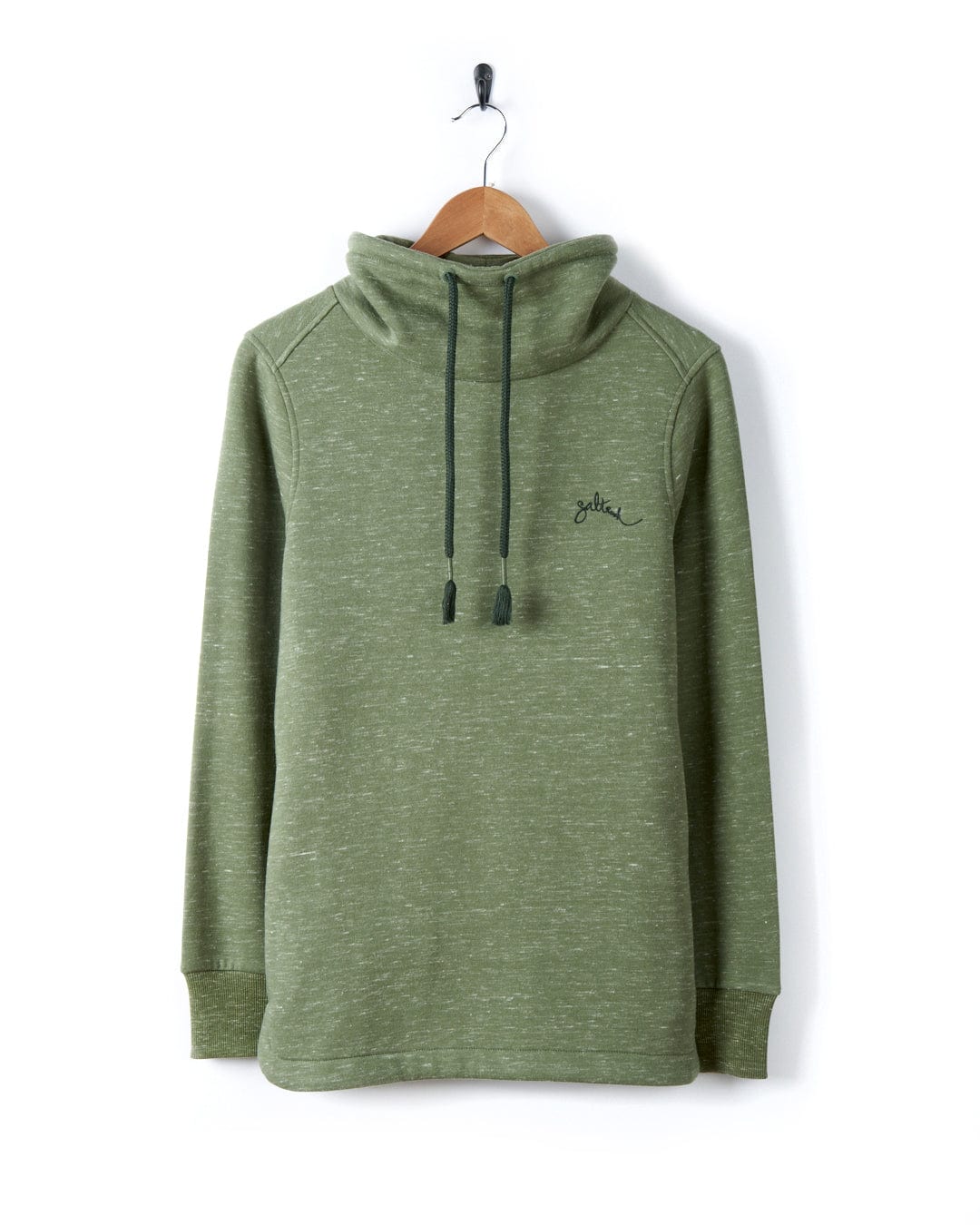 A Saltrock green sweater with embroidered branding on the Harper - Womens Longline Pop Sweat fit.