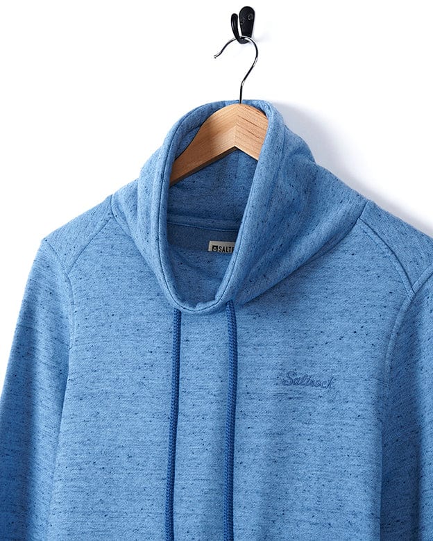 A comfortable, Harper - Womens Longline Pop Sweat - Light Blue Saltrock hooded sweatshirt hanging on a hanger.