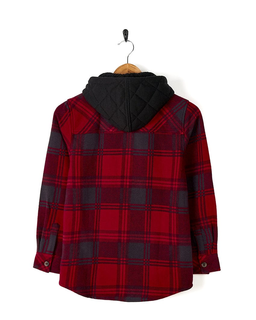 A durable red and black plaid shirt featuring Saltrock branding, the Hawkins - Hooded Long Sleeve Check Shirt - Red, hanging on a hanger.
