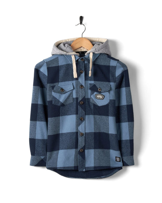 Men's plaid shirt with detachable hood and front chest pockets on a hanger against a white background.
Product Name: Saltrock - Hawkins Hooded Long Sleeve Check Shirt - Blue