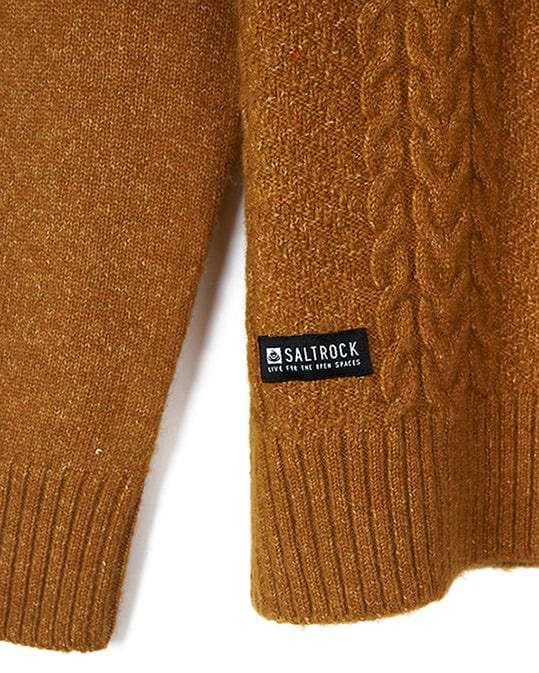 A Saltrock brown sweater with a Hele Bay 2 - Womens Knitted Jumper - Yellow label on it.
