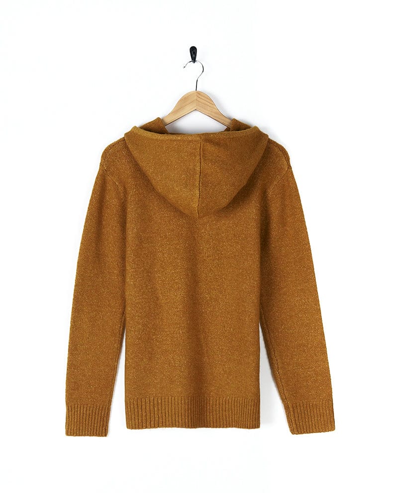 A Saltrock Hele Bay 2 - Womens Knitted Jumper - Yellow with a hood hanging on a hanger.