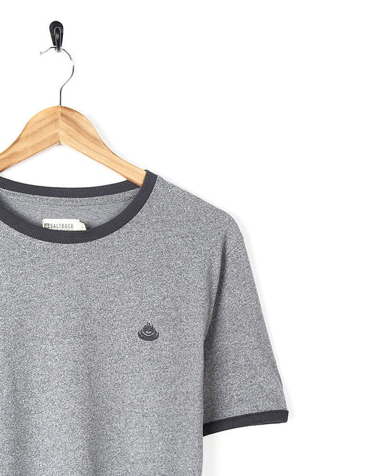 A timeless Saltrock Helston - Mens Ringer T-Shirt - Grey with classic black trim on a hanger.