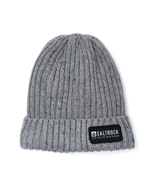 A Saltrock Heritage Beanie in Grey with a logo on it.