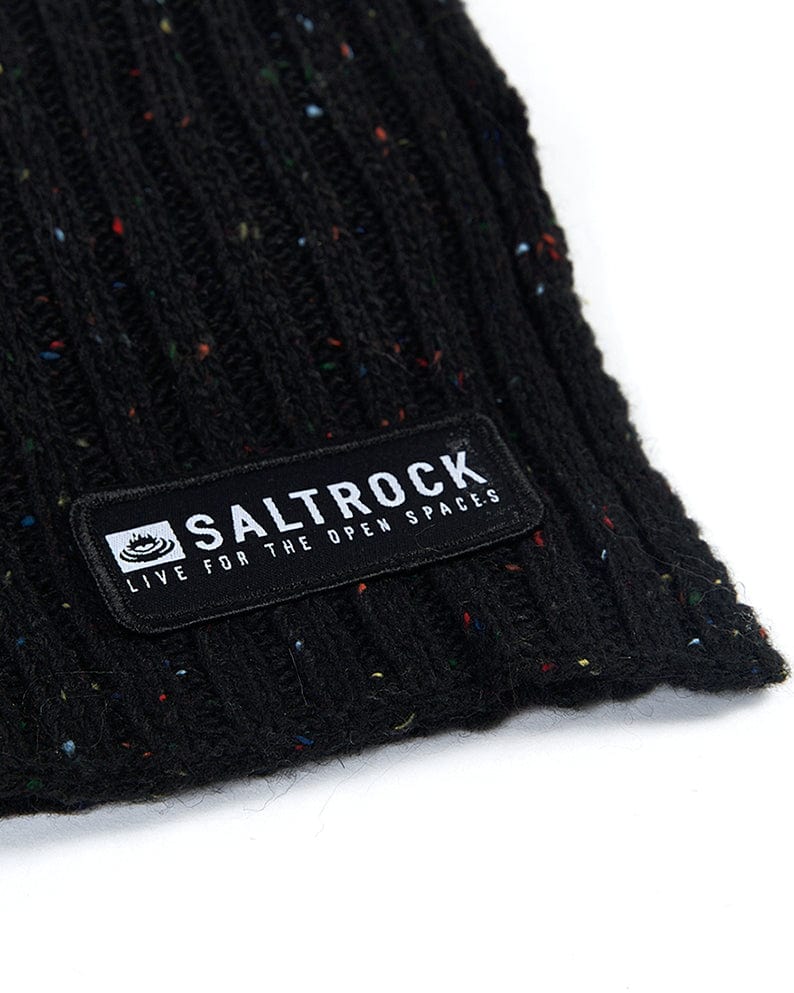A black beanie with the word Saltrock on it, providing extra warmth.