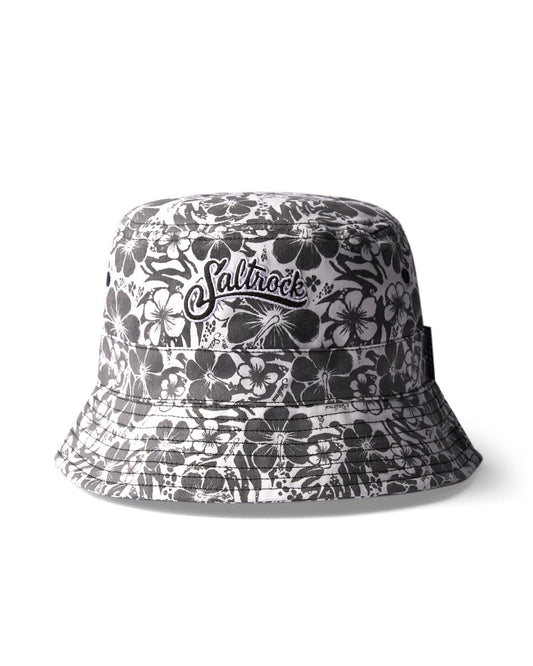 Patterned Saltrock Hibiscus Bucket Hat in Washed Black with hibiscus floral print and embroidered branding on white background.
