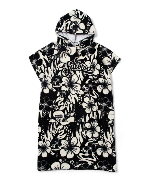 A sleeveless black and white floral hooded t-shirt with the text "Saltrock" displayed on the front.