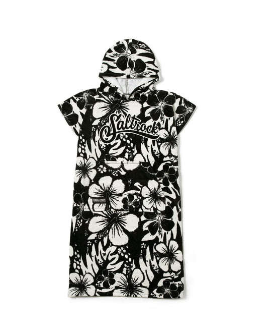 Black and white floral patterned hoodie with Saltrock logo, featuring an oversized hood, isolated on a white background.