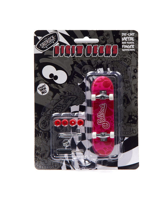 A Hibiscus pink and black plastic board skateboard in a package, perfect for finger skateboarding by Saltrock.