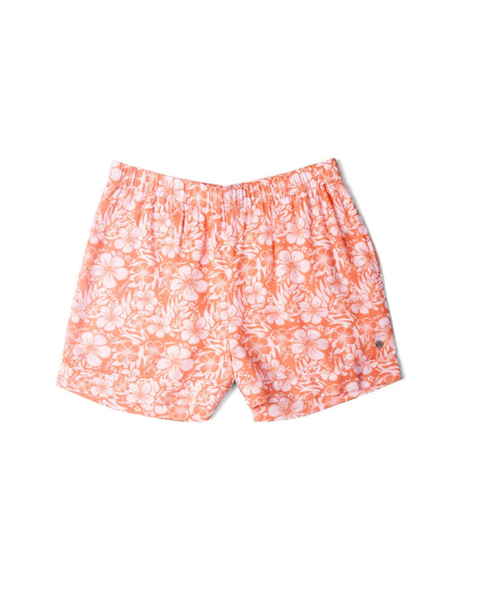 Saltrock Orange hibiscus floral print swim shorts isolated on a white background.
