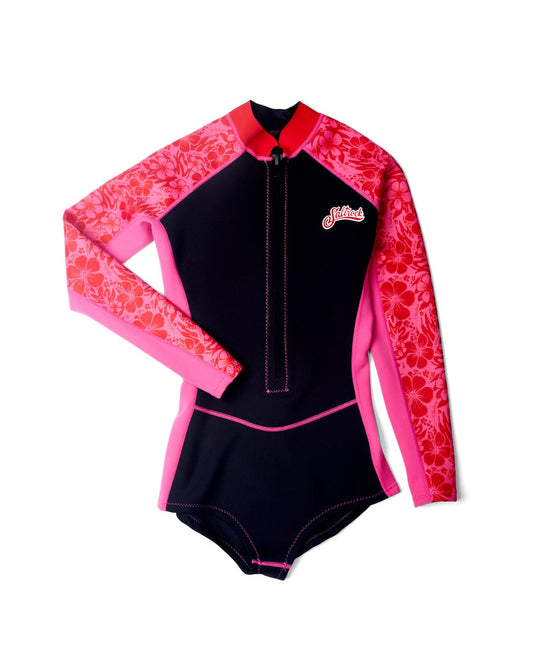 A black and pink neoprene swimsuit with pink and red sleeves, featuring flat locked stitching.