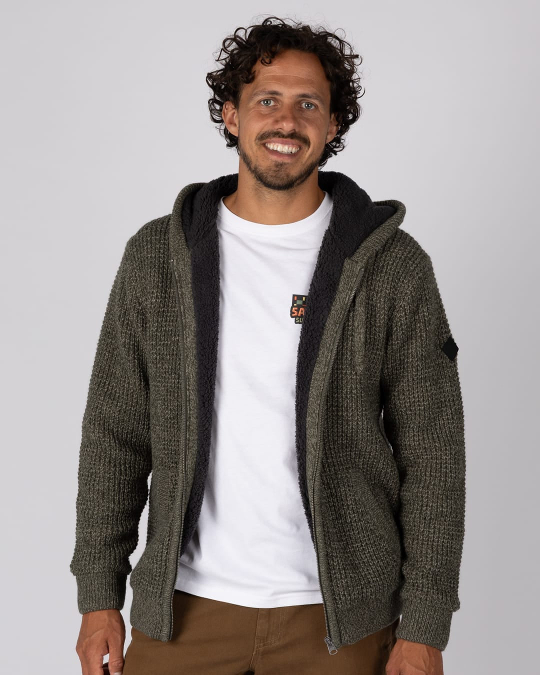 Markus Mens Borg Lined Knitted Zip Hoodie in Green