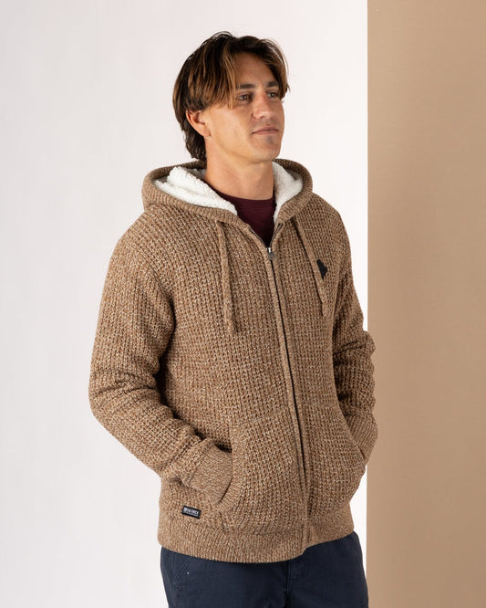 Markus - Mens Borg Lined Knitted Zip Hoodie - Brown