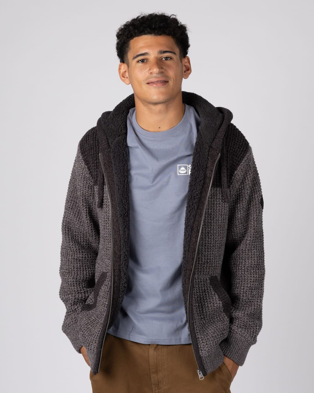 Markus Panel Mens Borg Lined Hoodie in Dark Grey