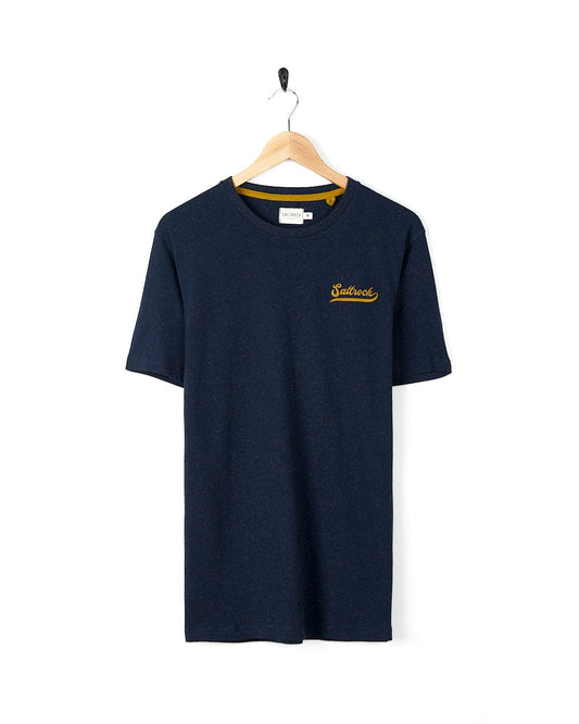 A neppy print Home Run Emb - Mens Short Sleeve T-Shirt - Dark Blue with a Saltrock logo on it.