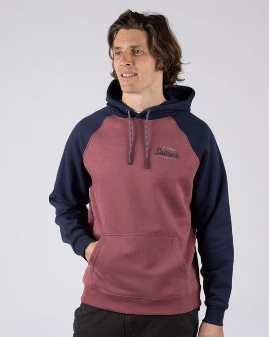 Postcard Script Mens Raglan Pop Hoodie in Dark Pink/Blue