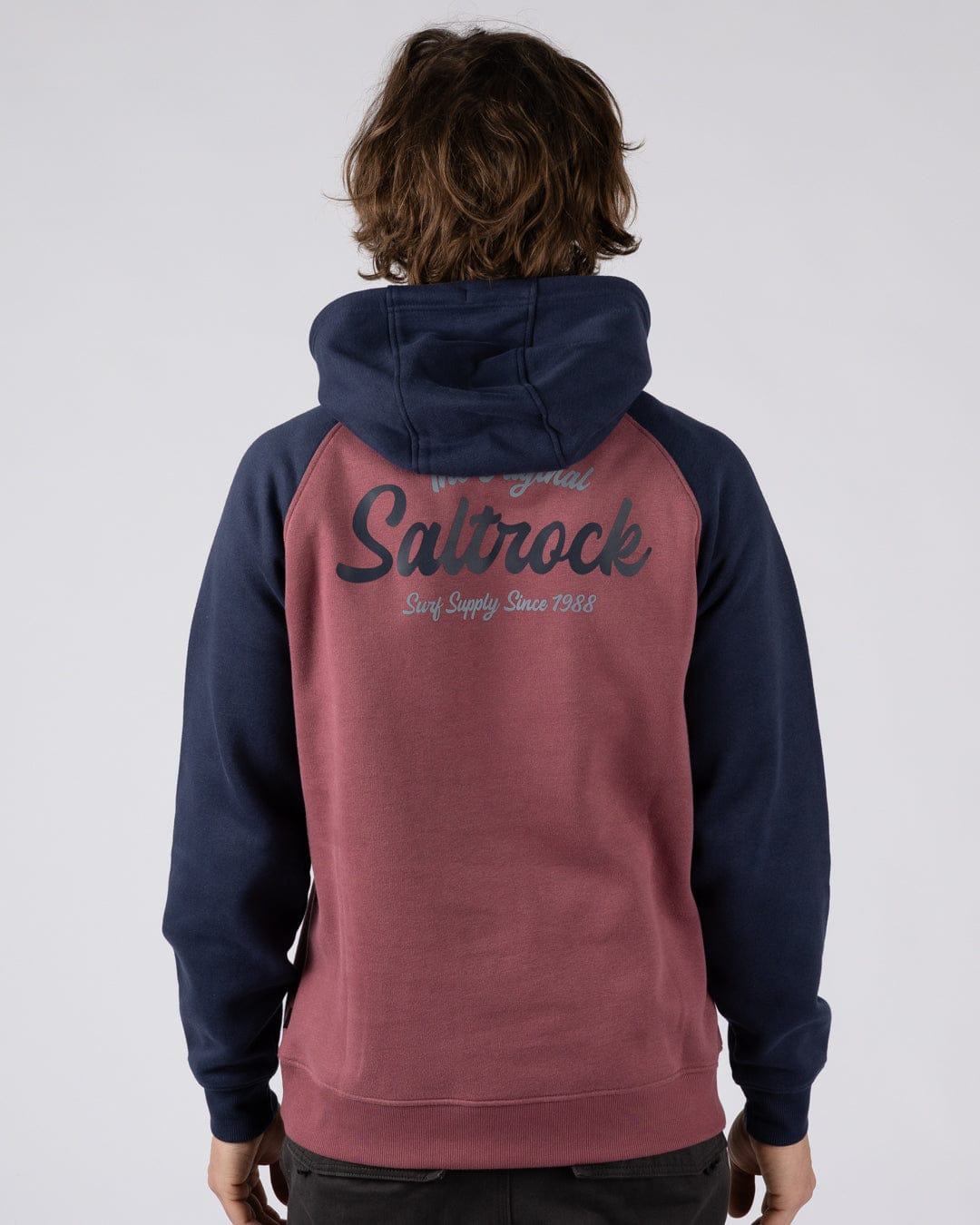 Postcard Script - Men's Raglan Pop Hoodie - Dark Pink/Blue