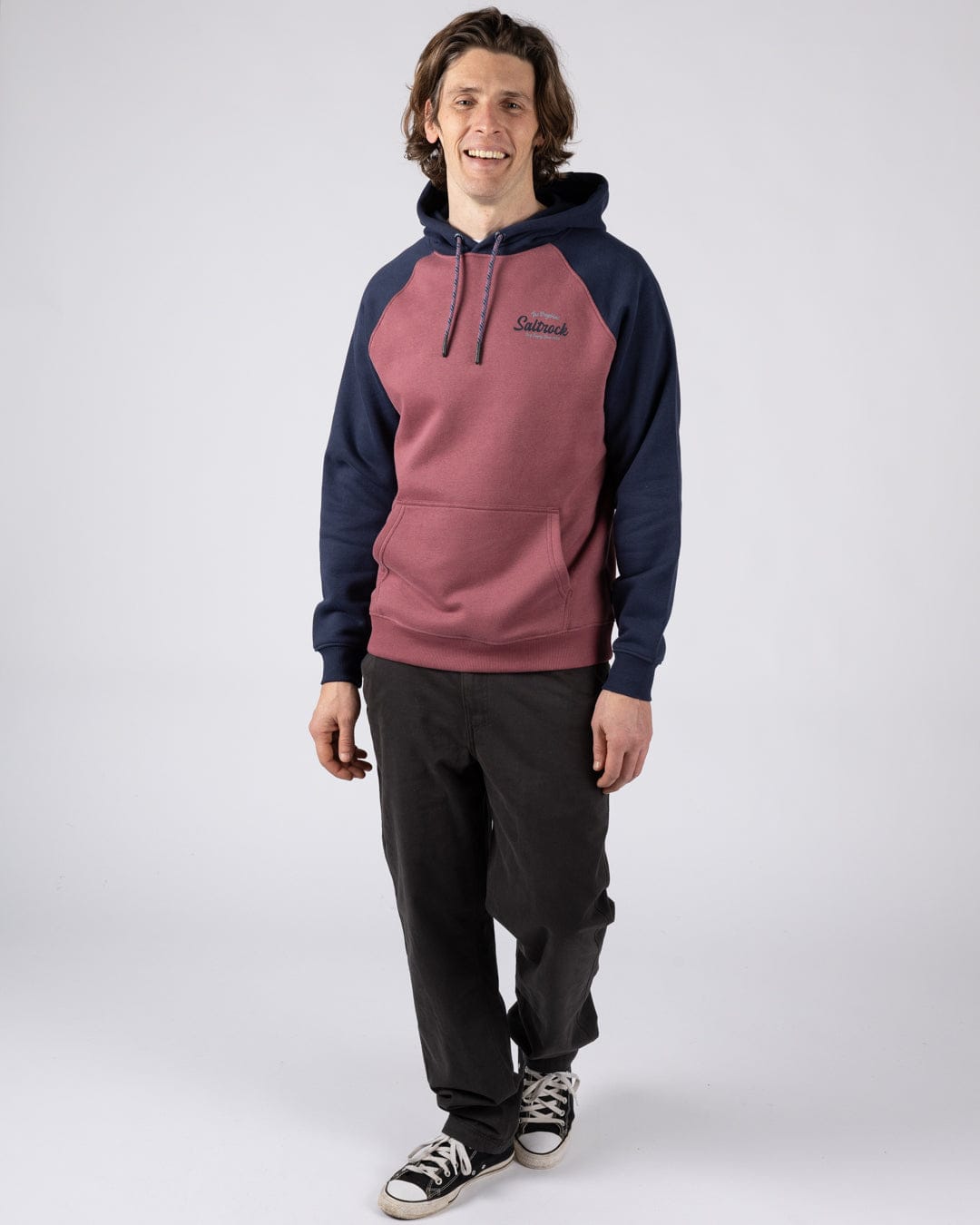 Postcard Script - Men's Raglan Pop Hoodie - Dark Pink/Blue