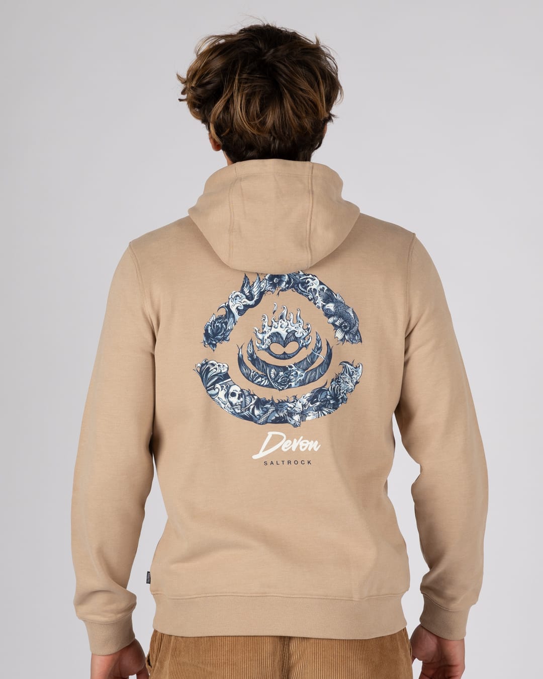 Deep Sea Flame Devon Mens Pop Hoodie in Beige