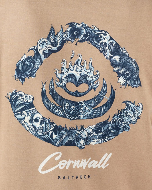 Deep Sea Flame Cornwall Mens Pop Hoodie in Beige