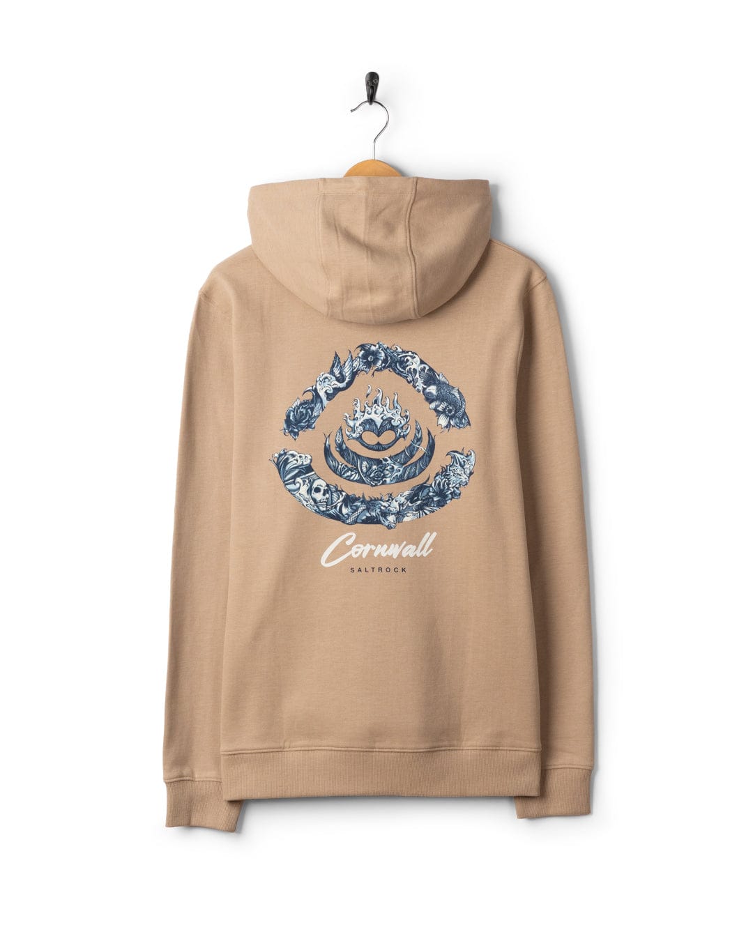 Deep Sea Flame Cornwall Mens Pop Hoodie in Beige