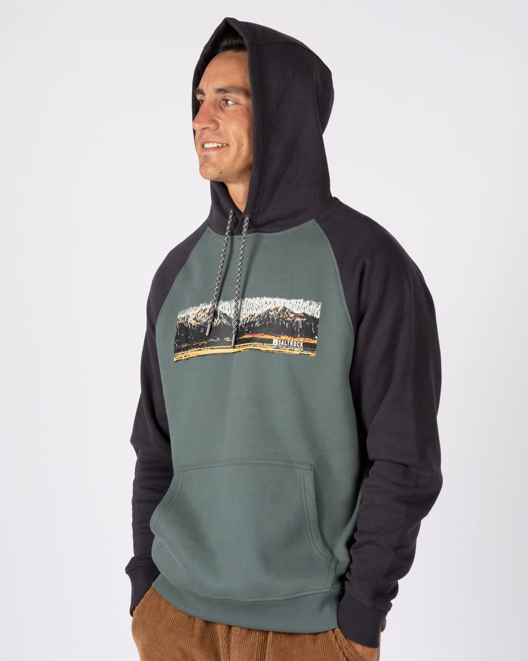 Mountain Painted Stripe Mens Pop Hoodie in Green