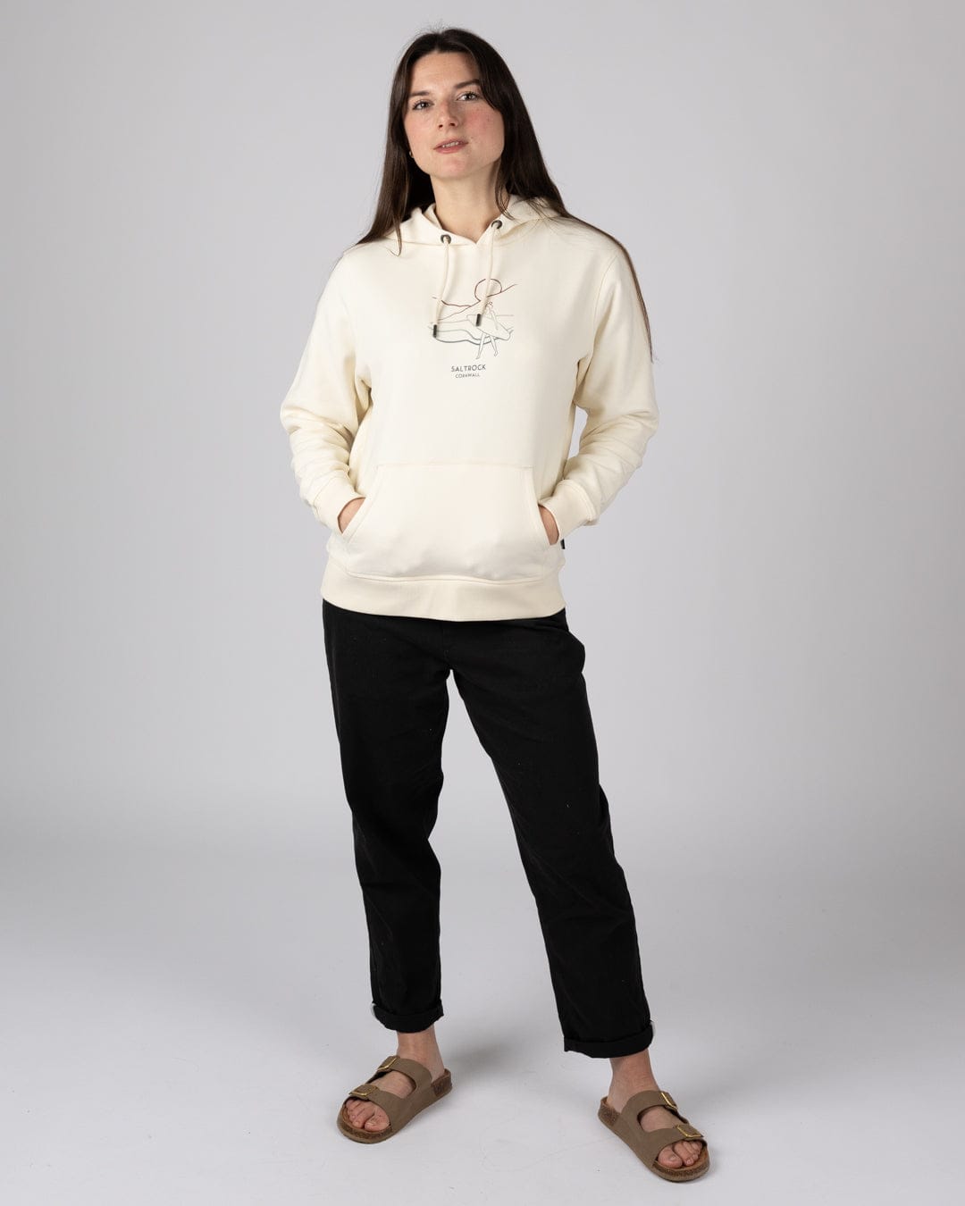 Happy Place Cornwall Womens Pop Hoodie in Cream