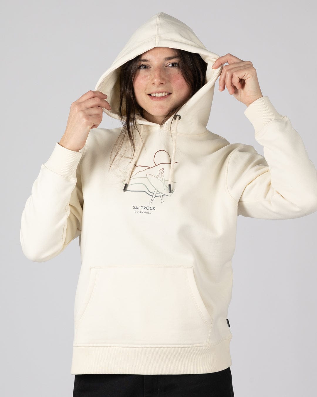Happy Place Cornwall Womens Pop Hoodie in Cream