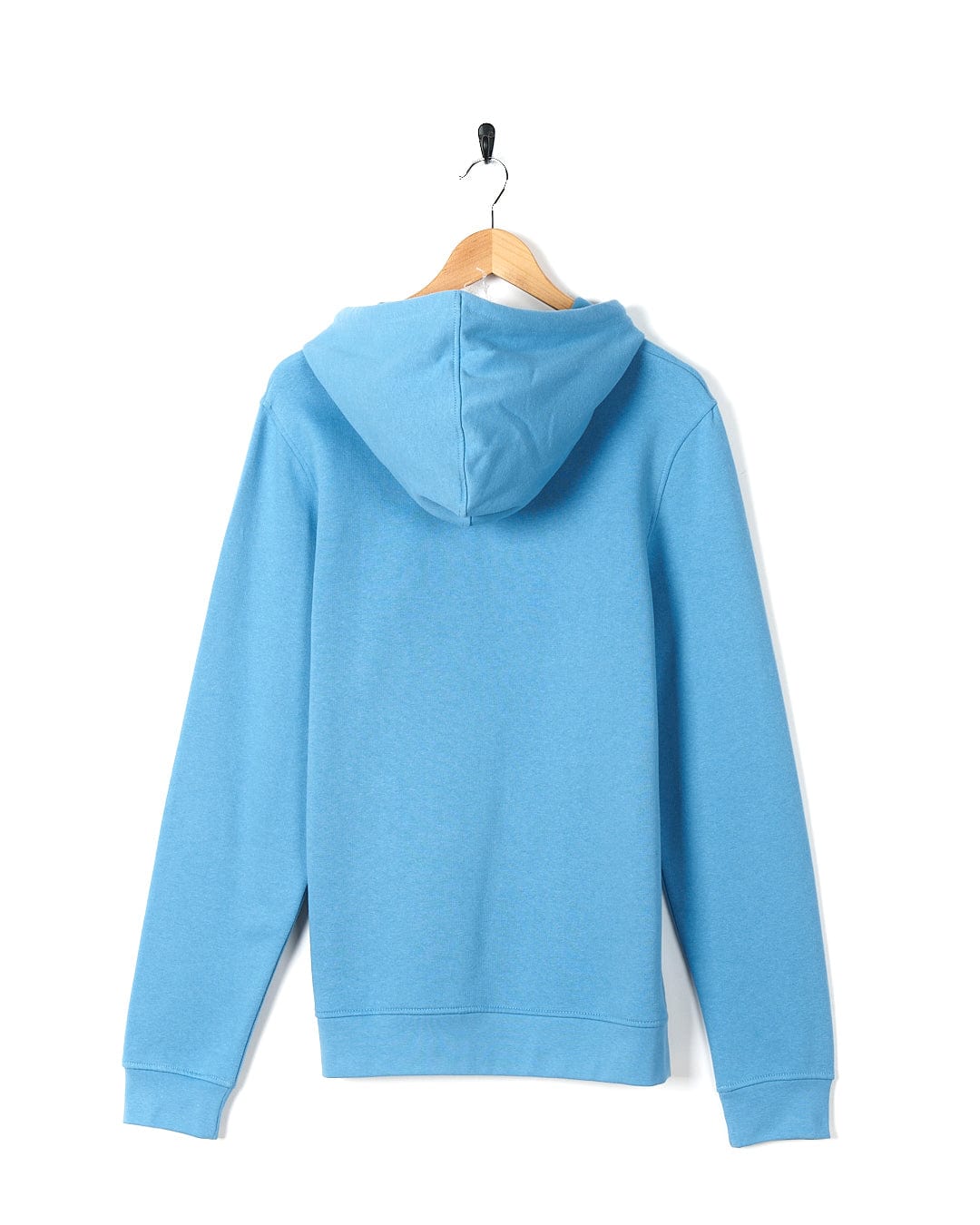A Saltrock Original 20 - Mens Pop Hoody - Light Blue hanging on a wooden hanger.