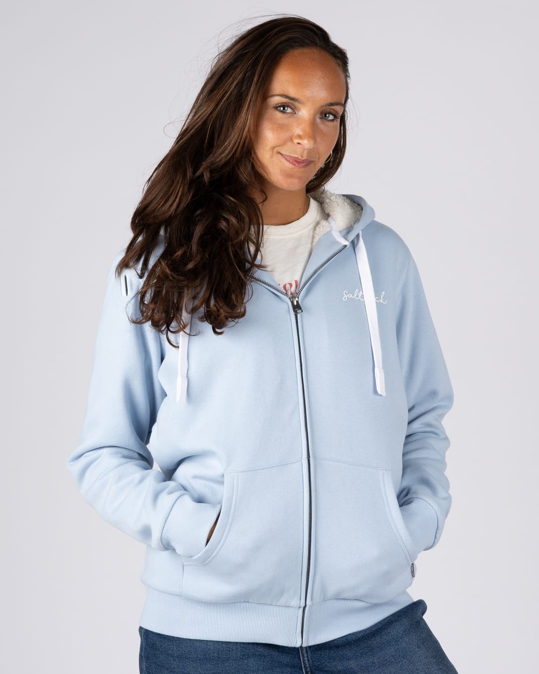 Essential Womens Borg Lined Hoodie In Light Blue