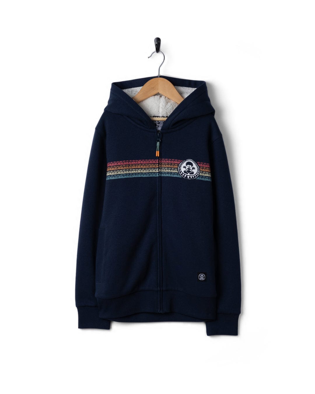 Navy blue hoodie with colorful stripe on a white background