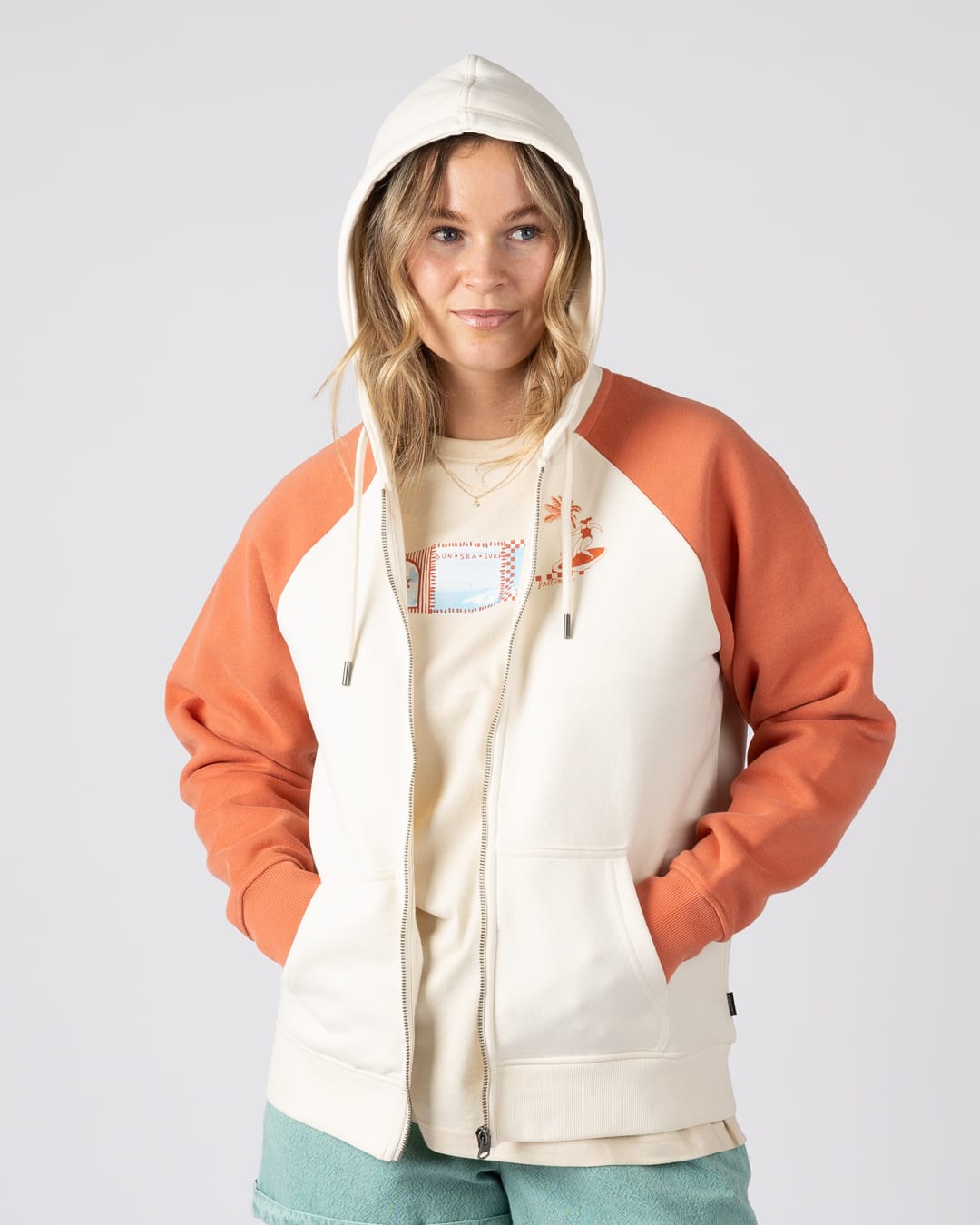 Waves For Days Women Zip Through Hoodie in Cream