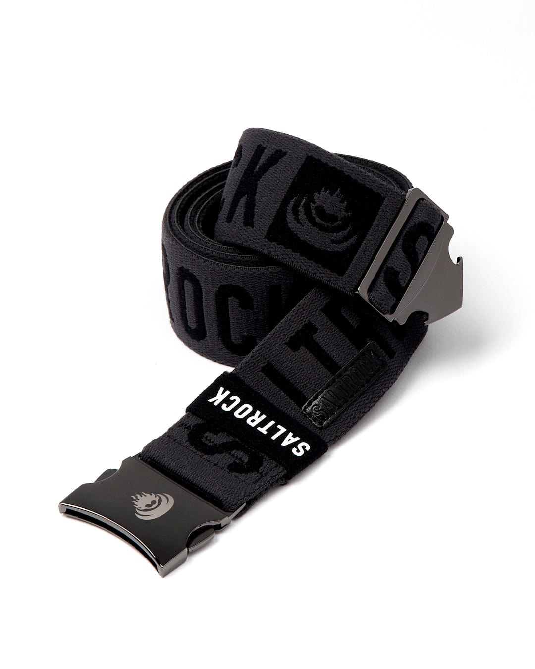 A black Identity - Stretch Belt with a Saltrock branding logo on it, featuring a metal clip buckle.
