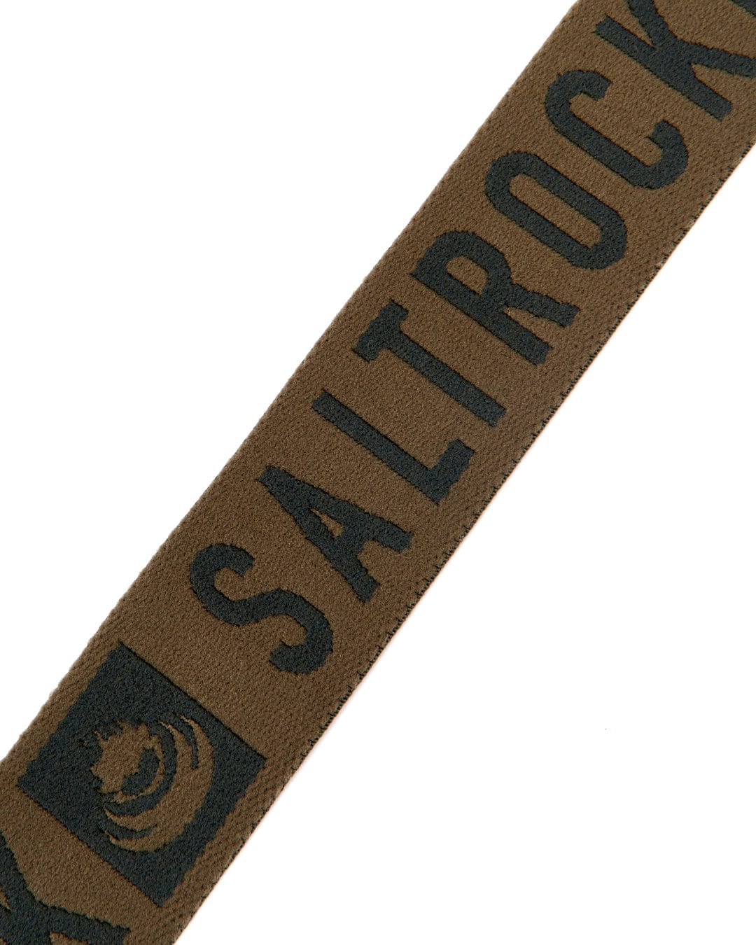 A green stretch belt with embroidered Saltrock branding on it.
