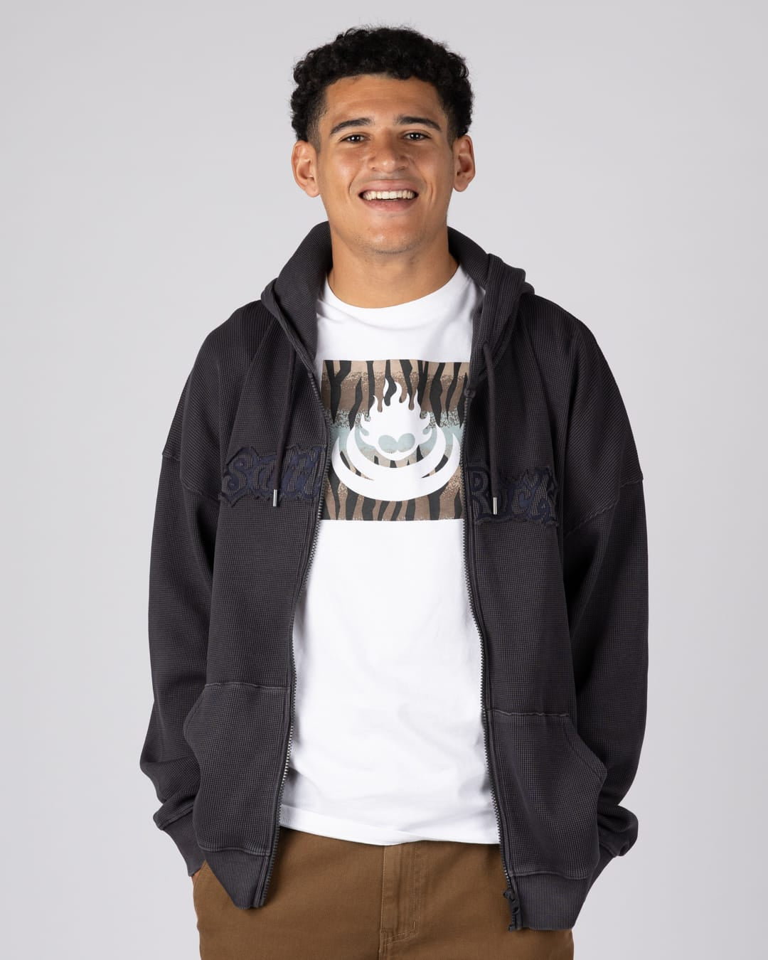 Heritage Logo Mens Oversized Zip Hoodie in Grey