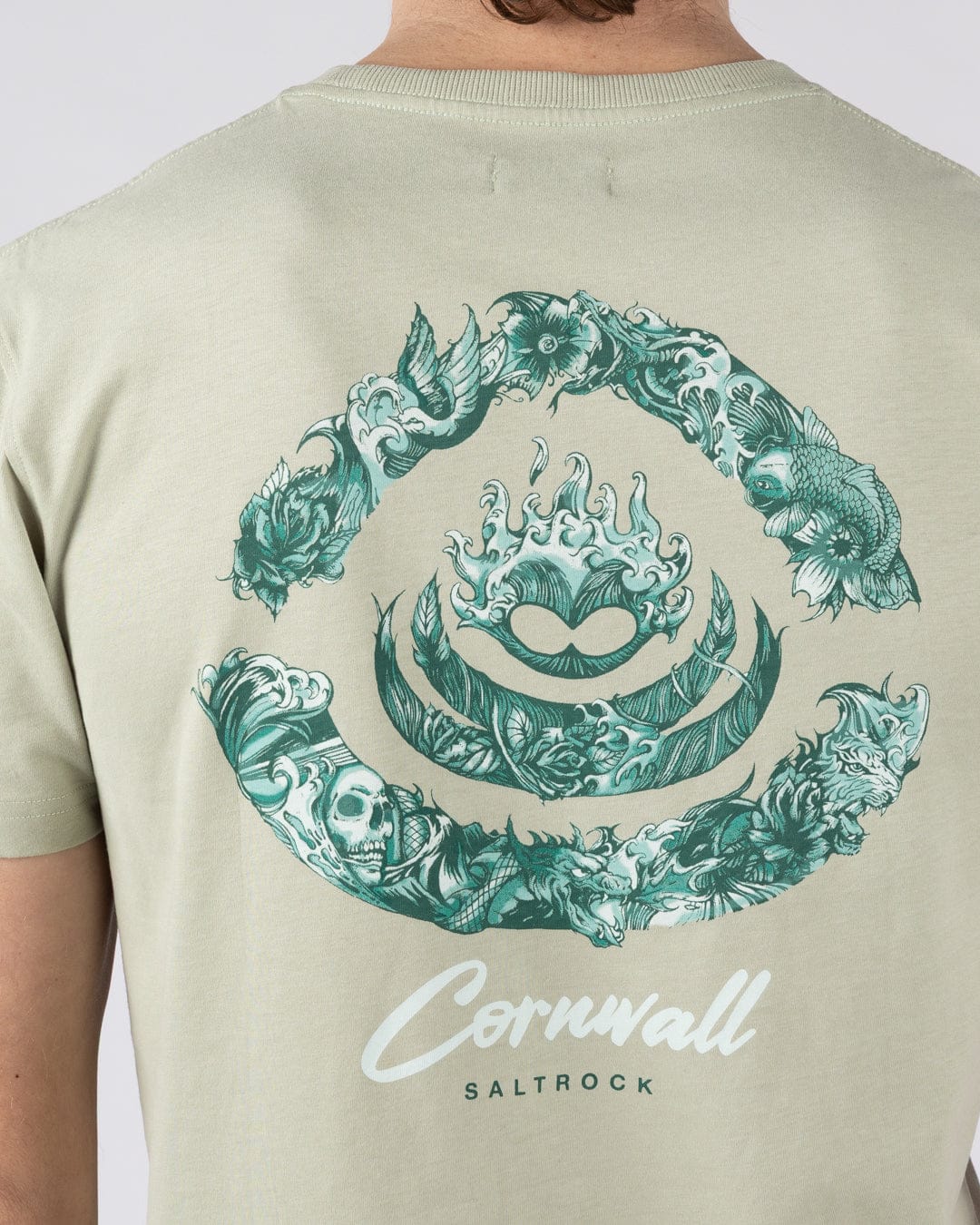 Deep Sea Flame Cornwall Mens Short Sleeve T-Shirt in Light Green