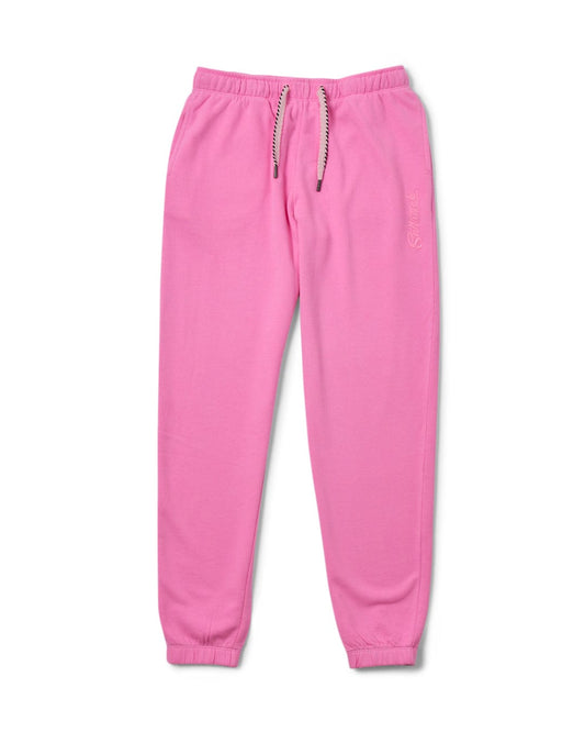 Pink sweatpants with an elasticated waistband and slim leg, featuring Instow branding on the left thigh by Saltrock.