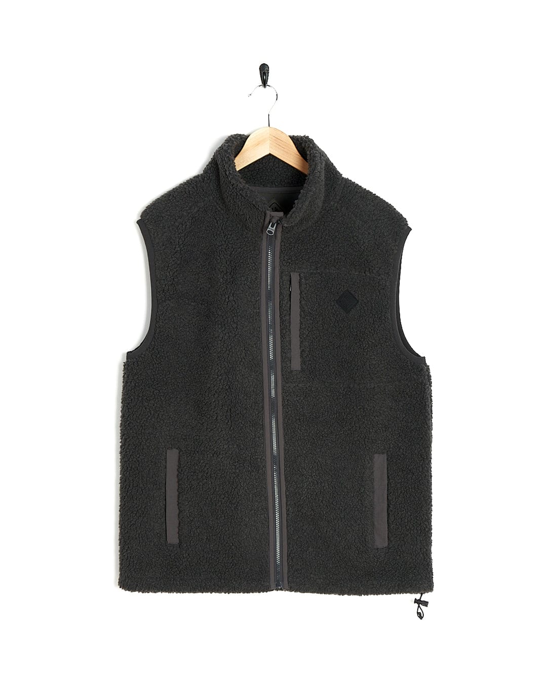 A Joel - Mens Sherpa Fleece Gilet - Dark Grey by Saltrock hanging on a hanger.