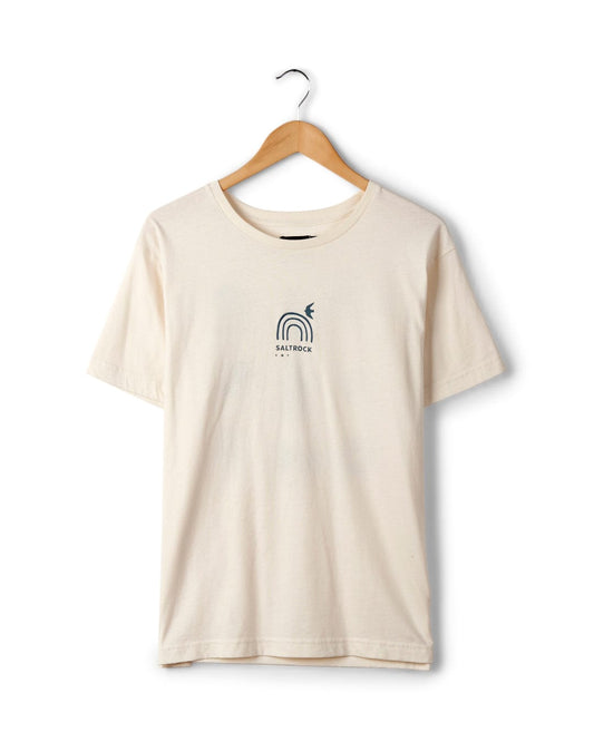 A Journey - Recycled Womens Short Sleeve T-Shirt - Cream with an embroidered black logo hanging on a white hanger against a plain white background.