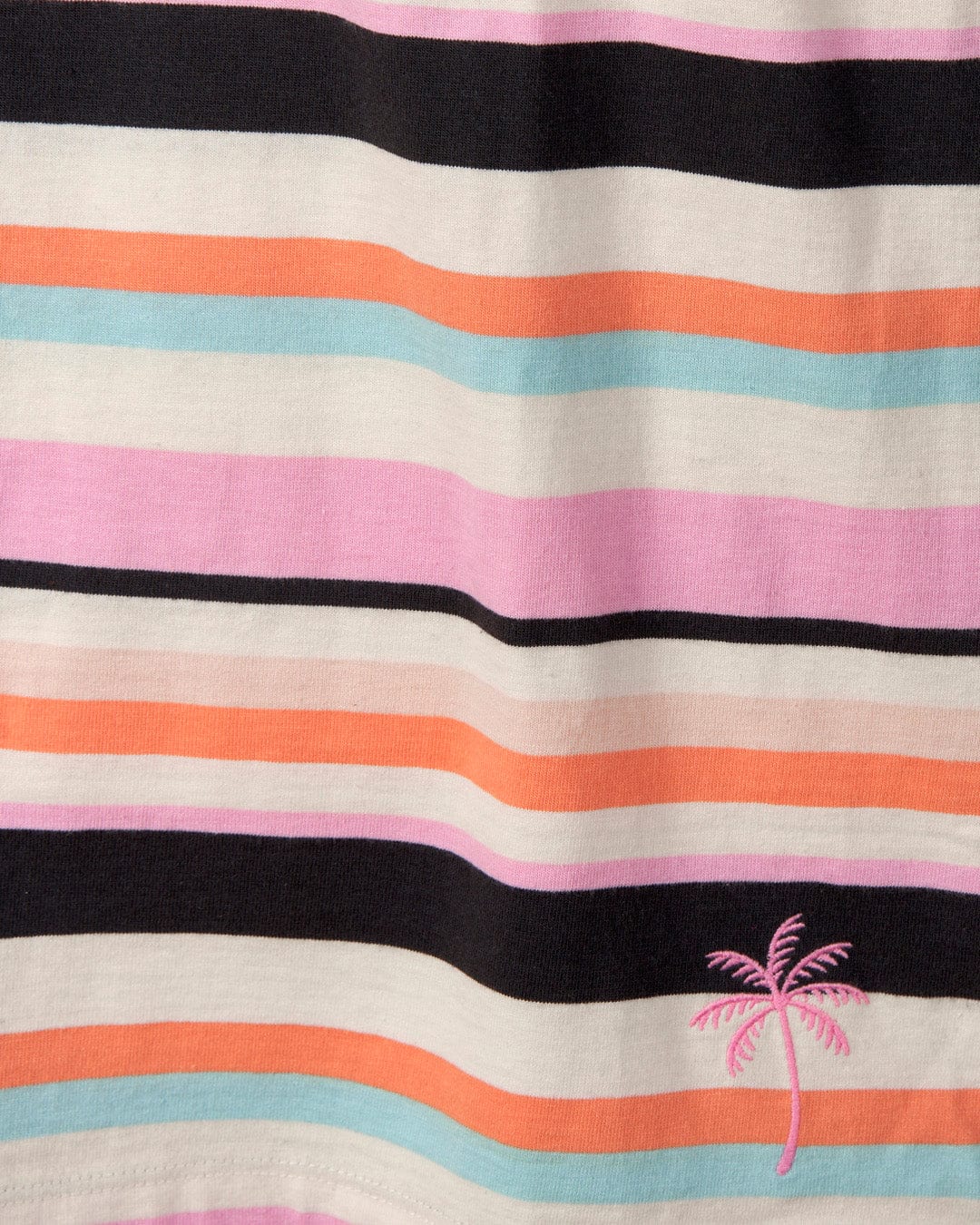 Close-up of a Juno Womens Midi Dress - Multi from Saltrock, with horizontal stripes in black, white, pink, orange, and blue, and a small embroidered palm tree design on the lower left side.
