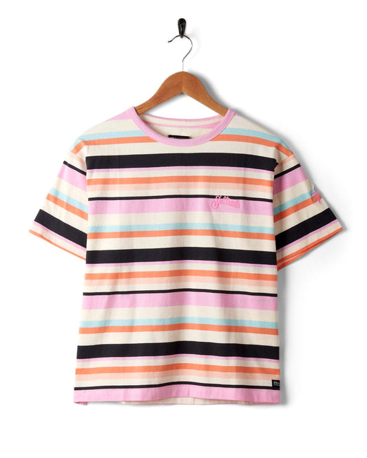 Striped Juno - Womens Short Sleeve T-Shirt - Multi on a hanger against a white background. Brand: Saltrock.