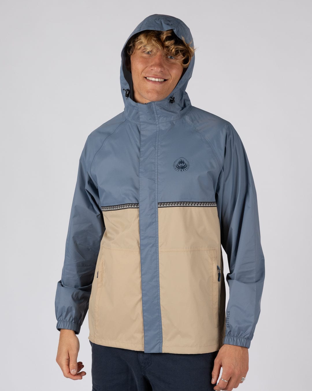 Rainer Tribal - Mens Waterproof Packable Rain Jacket- Blue/Beige