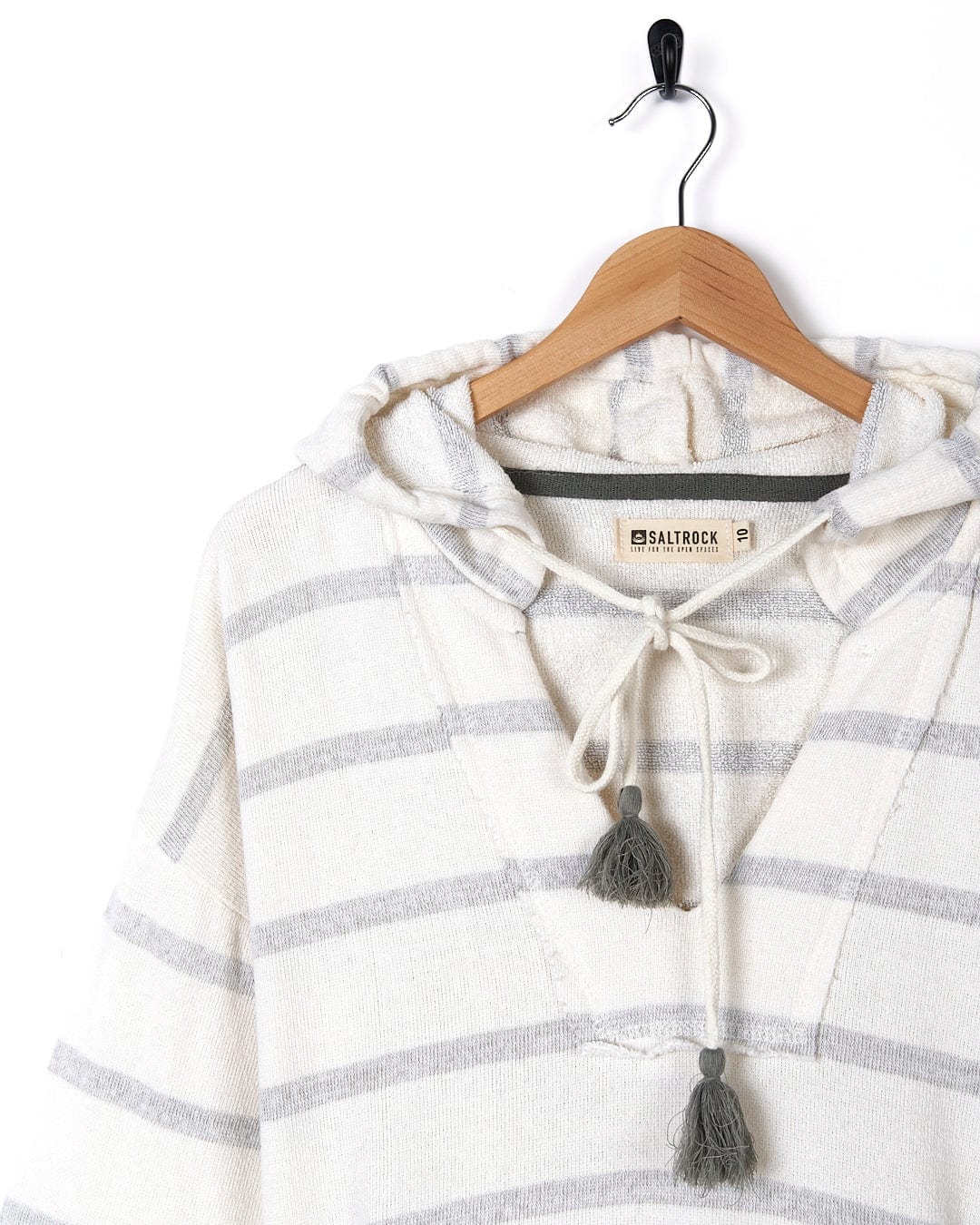A Kennedy - Womens Pop Hoodie - Cream from Saltrock, white and grey striped, hanging on a hanger.