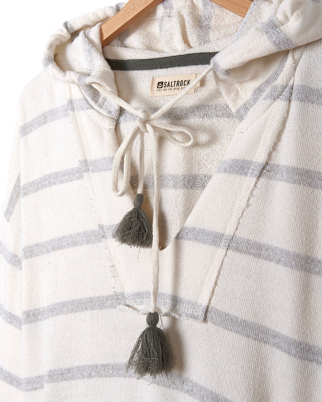 A white and grey striped Kennedy - Womens Pop Hoodie - Cream with a tassel. (Saltrock)