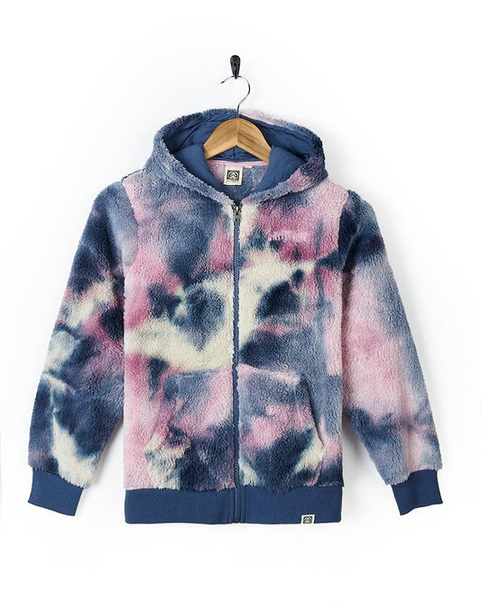 A stylish and comfortable Saltrock Kiki - Kids Tie Dye Fleece Zip Hoodie - Pink/blue on a hanger.