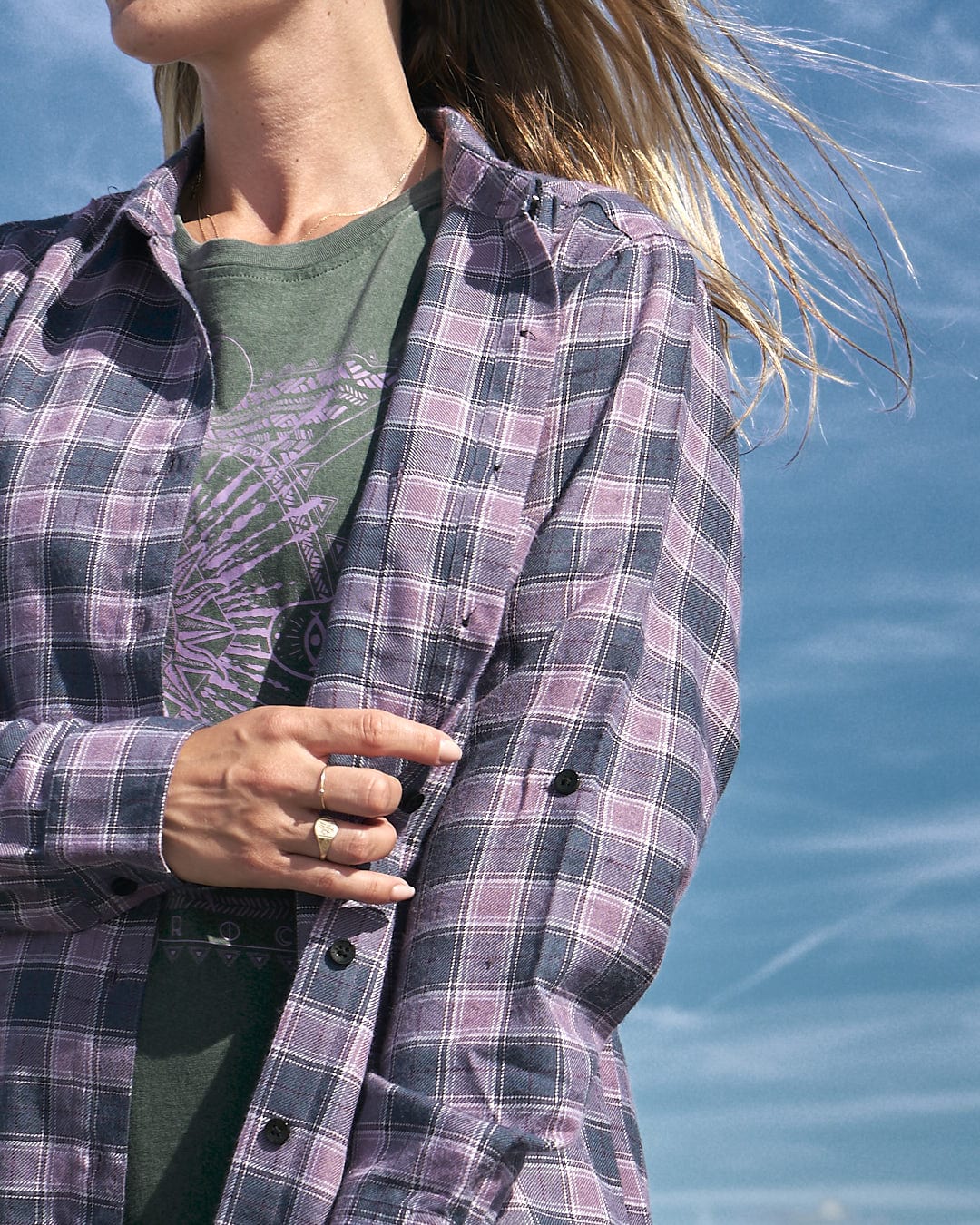 A woman wearing a Saltrock Kizzie - Womens Check Boyfriend Shirt - Purple.